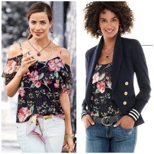 CAbi Navy Pink Floral Fairy Tale Blouse Small Romantic Valentines Outifit M